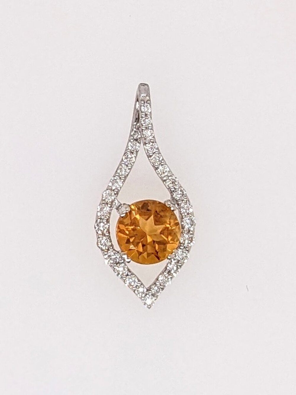 Round Citrine Pendant with Diamond Accents in Solid 14K White Gold